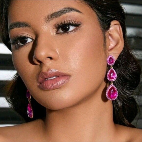 Triple Teardrop Fuchsia Crystal Statement Dangle Earrings, Gold Tone Metal - Picture 1 of 6